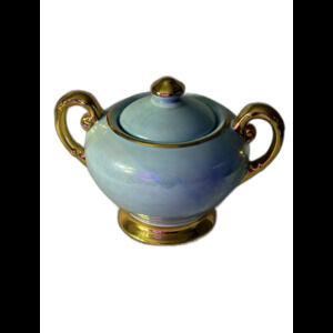 Vtg Iridescent Blue Porcelain Sugar Bowl w Lid Gold Gilt Handles 22K Gold Mark